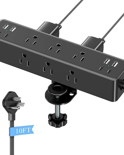 Flat Plug Desk Clamp Power Strip 10FT, 24W Total Charging Station, Desk Edge Mount Power Strip 9 AC Outlets 8 USB Ports Surge Protector, Fit 1.7" Tabletop Edge, Home Office Accessories