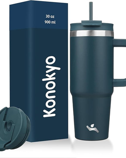 30 oz Tumbler with Handle and 2 Straws,2 in 1 Lid Insulated Water Bottle Stainless Steel Travel Coffee Mug,Navy blue