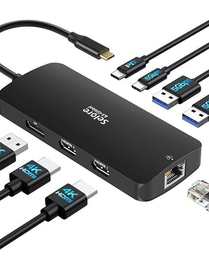 USB C Docking Station Dual Monitor, Selore Docking Station 3 Monitors Triple 4K Display with 2 HDMI, DisplayPort, 1 Gbps Ethernet, 100W PD Charging, USB 3.0 Ports Adapter for Dell, HP, etc(Black)