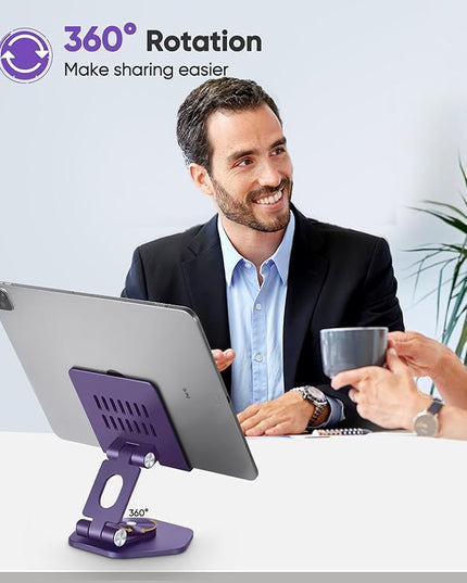 Foldable Aluminum Tablet Stand for Desk, 360° Swivel iPad & Tablet Holder – Portable & Stable Desktop Mount for 5–12.9in Devices, Purple