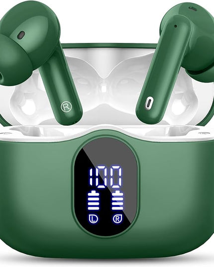 Wireless Earbuds, Bluetooth 5.4 Headphones Bass Stereo, Ear Buds with Noise Cancelling Mic, LED Display in Ear Earphones Clear Calls, IP7 Waterproof Bluetooth Earbuds for Laptop/Phones/Sports, Green