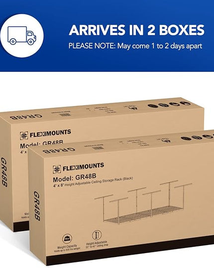 FLEXIMOUNTS 4x8 Overhead Garage Storage Rack, Adjustable Organization System, Heavy-Duty Metal Ceiling Racks, 2 Pack, Hammertone, Classic Series