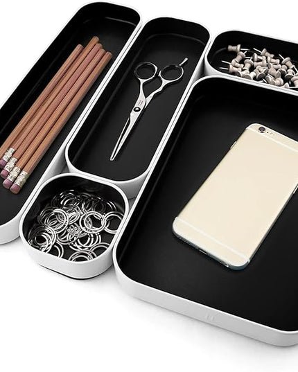Three by Three Seattle 5 Piece Metal Organizer Tray Set for Storing Makeup, Stationery, Utensils, and More in Office Desk, Kitchen and Bathroom Drawers (1 Inch, Black)