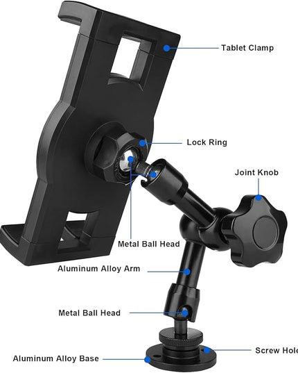 Mippko Heavy Duty Drill Base Tablet Holder, iPad Mount for Truck/Car/Boat/Wall/Desk/Vehicle Dashboard,360° Adjustable Aluminum Alloy Arm Mount Compatible with 7~12.9" iPad/Nexus/Fire HD/e-Book/Switch