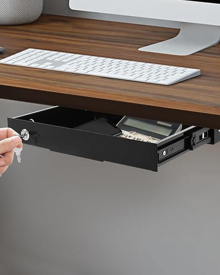 14.17" Under Desk Storage Drawer, Locking Design Black Sliding Pull-Out Drawer for Sit Stand Workstation