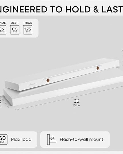 Homeforia White Floating Shelves 36 inch, High End Solid Real Wood 36inch Floating Shelf for Wall Mounted, White Wooden 36in Long Floating Shelves, Heavy Duty Bracket, 36 X 6.5 X 1.75 inches, Set of 3