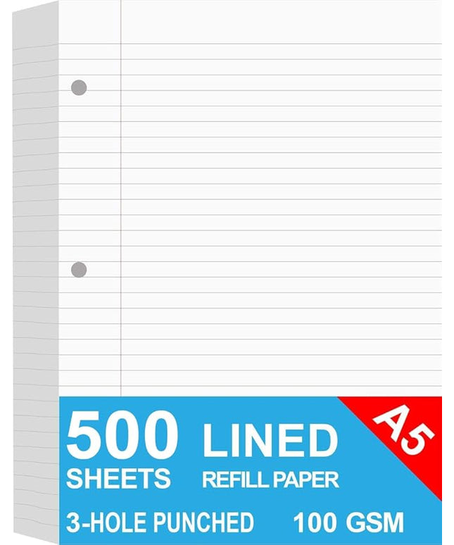 (5-Pack) A5 Filler Paper, 3 Hole Planner Refills, Organizer, Loose-leaf Binder Paper, Total 500 Sheets/1000 Pages, Lined, 100gsm, White, 5.8 x 8.2 Inch, 3 Hole Filler Paper, Mini Binder Refill Inserts