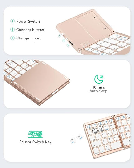 Samsers Foldable Bluetooth Keyboard with Touchpad - Portable Wireless Keyboard with Holder, Rechargeable Full Size Ultra Slim Pocket Folding Keyboards for Android Windows iOS Tablet & Laptop - Pink
