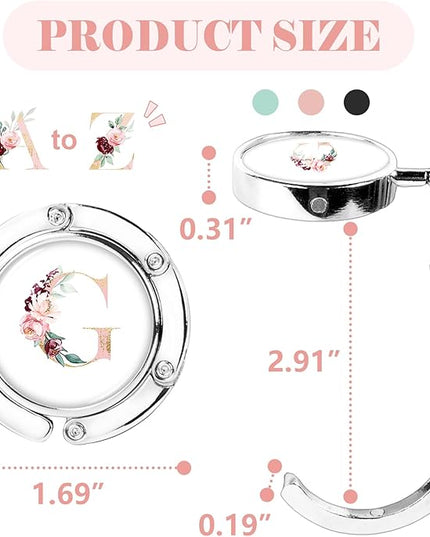 Iqimott 3pcs Personalized Initial Foldable Purse Hook for Table, Flower Letter Folding Handbag Hanger Portable Magnet Table Hook Holder, Collection Desk Purse Hooks for Women Bag (Pink-G)