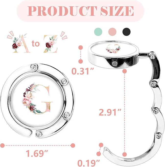 Iqimott 3pcs Personalized Initial Foldable Purse Hook for Table, Flower Letter Folding Handbag Hanger Portable Magnet Table Hook Holder, Collection Desk Purse Hooks for Women Bag (Pink-G)