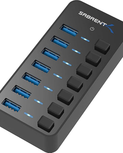 SABRENT 36W 7 Port USB 3.0 Hub with Individual Power Switches and LEDs Includes 36W 12V/3A Power Adapter (HB-BUP7)