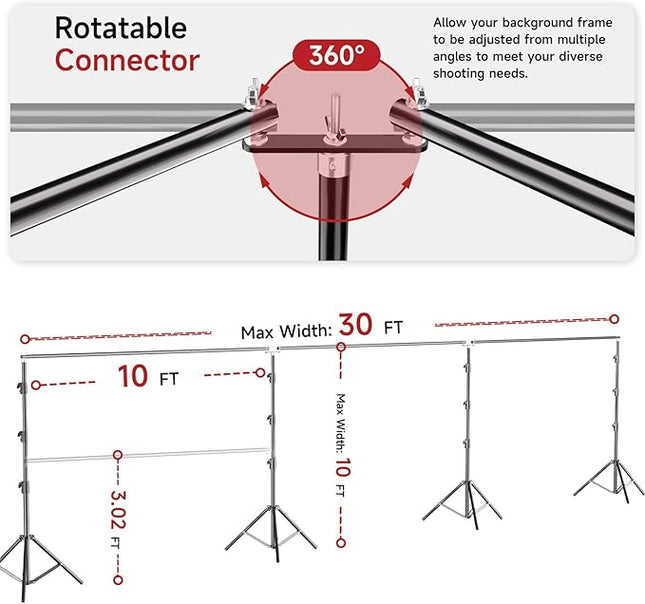 BEIYANG 10x30FT Photo Backdrop Stand, Angle Adjustable Triple Crossbar Extender Mount, Photography Background Support System, with Sand Bags,12 PCS Clamps for Wedding Party Celebration