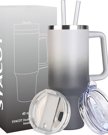 SYACOT 40 oz Tumbler with Handle and Straw Stainless Steel Insulated Tumbler Leak Proof Lid and Straw Lid Reusable Travel Mug Coffee Mug Cup Dishwasher Safe Keep Drinks Cold and Hot (Grey&Black)