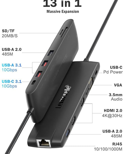 Lemorele 13-in-1 USB C Docking Station with Triple Display, 2X 4K HDMI, VGA, 100W PD, 6 USB Ports (incl. USB-C 3.2), Gigabit Ethernet, SD/TF Reader, 3.5mm Audio for MacBook/Windows