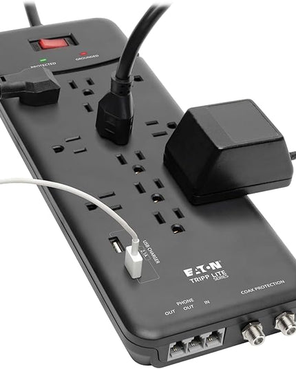 Eaton Tripp Lite TLP128TTUSBB Surge Protector Power Strip, 2 USB Charging Ports, 12 Outlets, Flat Plug 8ft Extension Cord, 4320 Joules | Coax and RJ11 Port for Home Phone, TV, & WiFi Router Protection