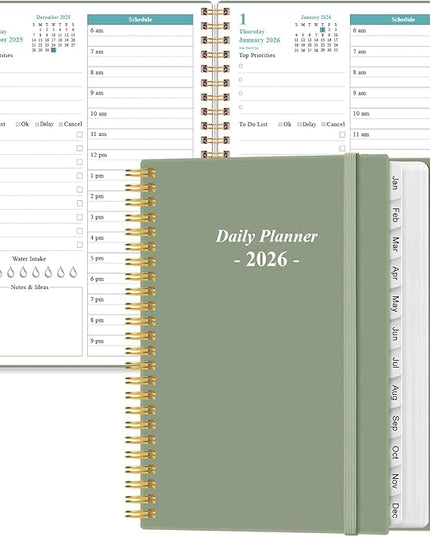 Daily Planner 2026 Full Page Per Day- 2026 Daily & Monthly Planner from January 2026 to December 2026, Day Planner 2026 with 12 Months Tabs, 6.4" x 8,5", Green