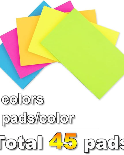 (45 Pads) Sticky Notes 3x5 in,Bright Notepads,Colorful Stickies,Super Sticking Power Memo Note Pads,Strong Adhesive,Post on Windows Doors,Office School,Recyclable,Easy to Write on,Hold Well