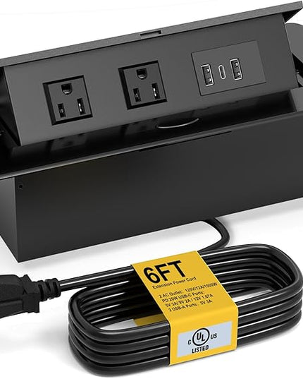 UL Listed Recessed Power Strip, Pop Up Power Cover Box Desktop Socket with PD 20W USB C Charging Ports, Stainless Steel Receptacle Outlet for Conference Room Countertop (Black-USB C)