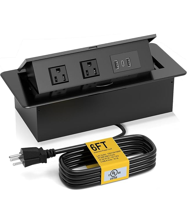 UL Listed Recessed Power Strip, Pop Up Power Cover Box Desktop Socket with PD 20W USB C Charging Ports, Stainless Steel Receptacle Outlet for Conference Room Countertop (Black-USB C)