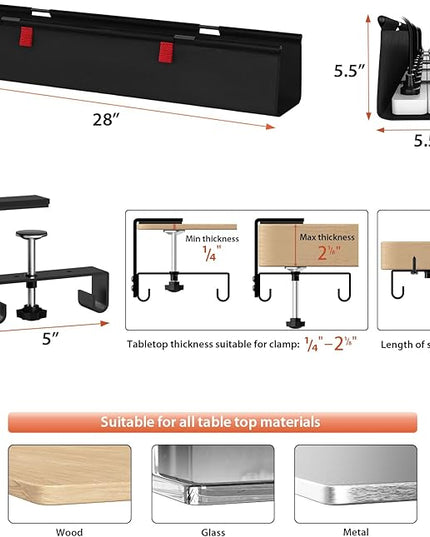 Univivi No Drill Under Desk Cable Management Tray, 28" Cord Organizer for Table, Clamp/Screw Mount Desk Cable Management, Premium Fabric Cable Management Tray for Office, Home