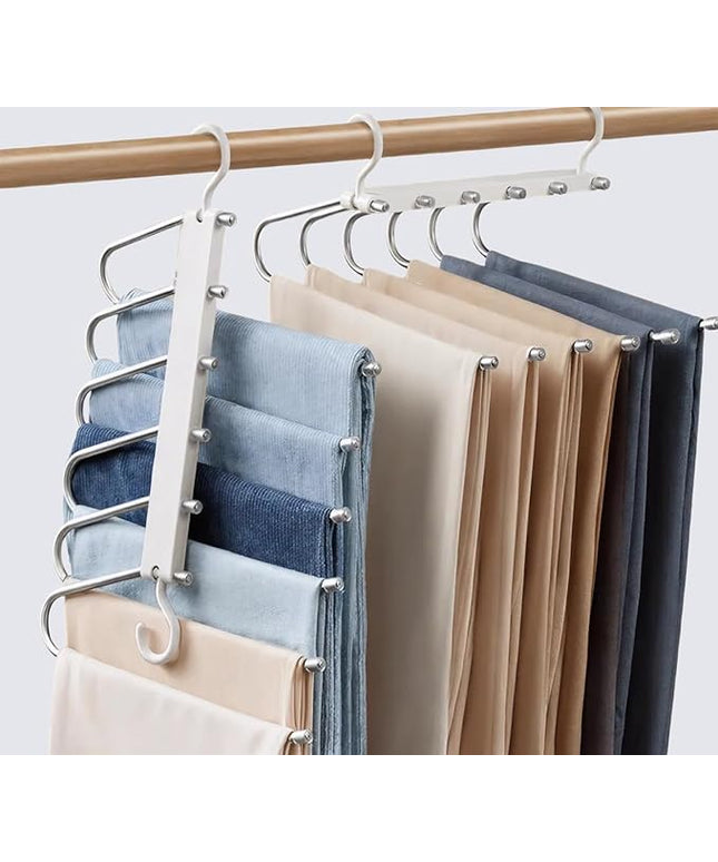 Space Saving Pants Hanger 6 Tier - Stainless Steel No Slip Multi Trouser Rack for Jeans, Slacks, Scarves - Vertical Folding Closet Organizer Saver for Men Women, 2 Pack