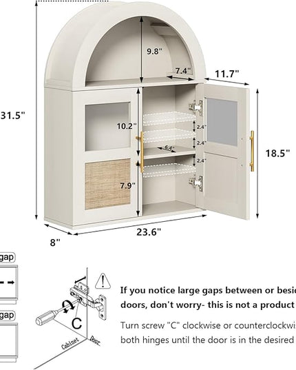 RUSTOWN Arched Bathroom Wall Cabinet, Rattan Medicine Cabinet with 2 Glass Doors, Farmhouse Over The Toilet Storage Cabinets with Adjustable Shelves, 3-Tier Wall Mounted Cabinets