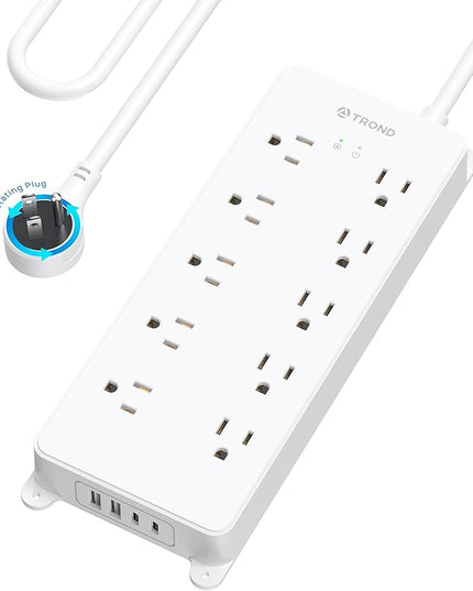 TROND 360° Rotating Plug Power Strip 10ft, Surge Protector with 2 USB A and 2 USB C, 10 Widely Spaced Outlets, 4000J, ETL Listed, Wall Mountable, for Home Office Entertainment, White