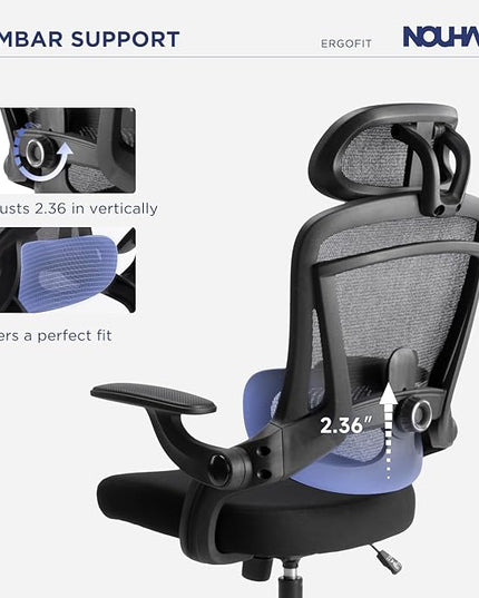 Nouhaus Ergonomic Mesh Office Chair Adjustable Lumbar Support and Flip-up Armrests High Back Headrest, Tilt Function Comfy Computer Gaming Chair Swivel Desk Chairs (Ergo Fit,Dark Black)