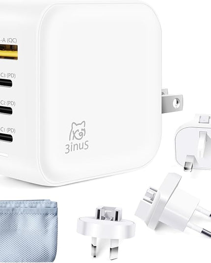 3inuS 100W USB C GaN Wall Charger for Smart Phone 17/16 Pro/Pro Max/Plus, Plug Foldable 4-Port PD USB-C Charger with Traveller Adapters, use for Tablet, Mac Book Laptops etc.