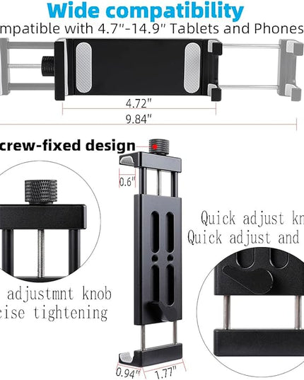 Aluminum Dual Arm Tablet Mount with Super Clamp for Rails 0.5'' to 2'' in Diameter, Side Mount Tablet Holder for Mic Stand, Compatible with iPad Pro 12.9 Air Mini, Galaxy Tab, 4.7-12.9" Tablets