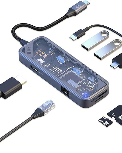 MicroPack USB C Hub 8 in 1, 100W PD Charging, 4K@60Hz HDMI, 3 USB 3.2 GEN1 5Gbps, TF/SD Card Reader, Gigabit Ethernet, Multi-Port Adapter Docking Station for MacBook ProAir iPad Laptop Type C Devices