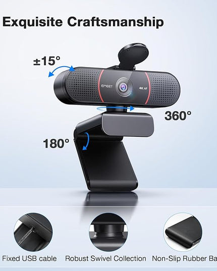 EMEET C960 4K Webcam for PC, 4K UHD Sony Sensor, PDAF Auto Focus, Dual AI Noise-Cancelling Mics, Auto Light Correction, 73° FOV, Plug&Play Webcam w/Privacy Cover, Works w/Zoom/Teams/Skype/Google Meet