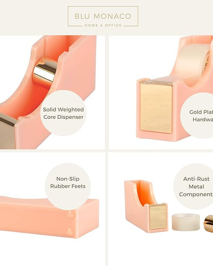 BLU MONACO | Acrylic Tape Cutter Dispenser for Desk | Cute Tape Dispenser Desk with Heavy Duty Base | Pastel Pink Desktop Tape Holder for Office Home