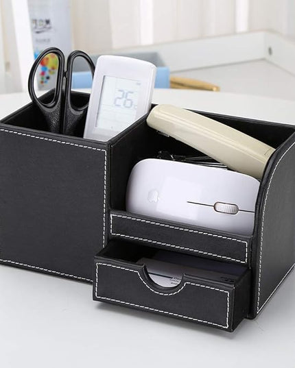 KINGFOM Desk Organizer Office Supplies Caddy Pu Leather Multi-function Storage Box Pen/Pencil,Cell phone, Business Name Cards Remote Control Holder with Small Drawer Black