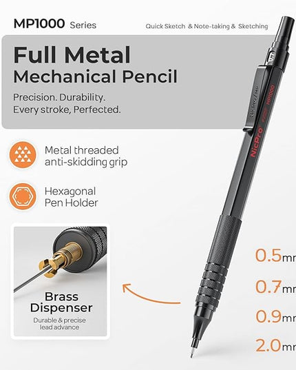 Nicpro 45PCS Black & Silver Metal Mechanical Pencil Set in Leather Case, Art Drafting Pencil 0.5, 0.7, 0.9 mm, 2mm Lead Holders for Sketching Drawing With 27 Tube (6B 4B 2B HB 2H 4H Colors)Lead Refill