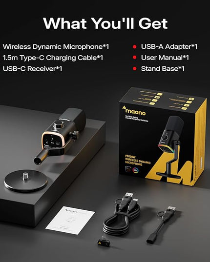 MAONO PD100W Wireless/USB Microphone, PC Gaming Mic with One-Click Noise Reduction,Mute Button,Custom RGB, 3.5mm Headphone Jack, Desktop Dynamic Streaming Mic for Recording,Podcasting, Black