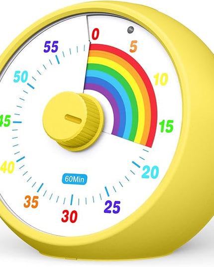 Visual Timer for Kids, 60-Minute Countdown Timer for Classroom Office Kitchen, Desk Timer Kids Time Management Tools with Silent Operation, Pomodoro Time Rainbow Pattern (Yellow)