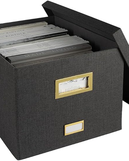 BLU MONACO Grey Linen Hanging File Box with Lid | Portable Paper Organizer Storage for Letter & Legal Folders | Collapsible MDF File Storage with Gold Handles and Label Holder