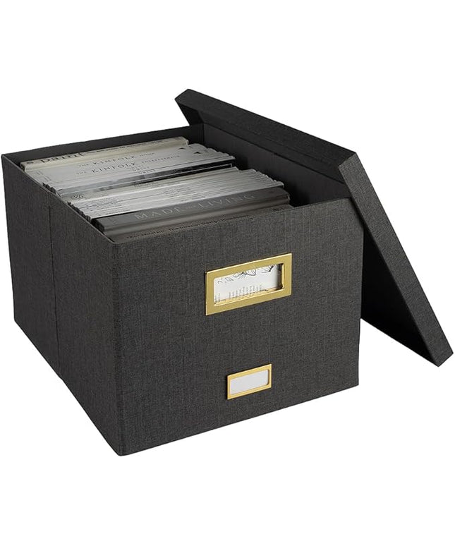 BLU MONACO Grey Linen Hanging File Box with Lid | Portable Paper Organizer Storage for Letter & Legal Folders | Collapsible MDF File Storage with Gold Handles and Label Holder