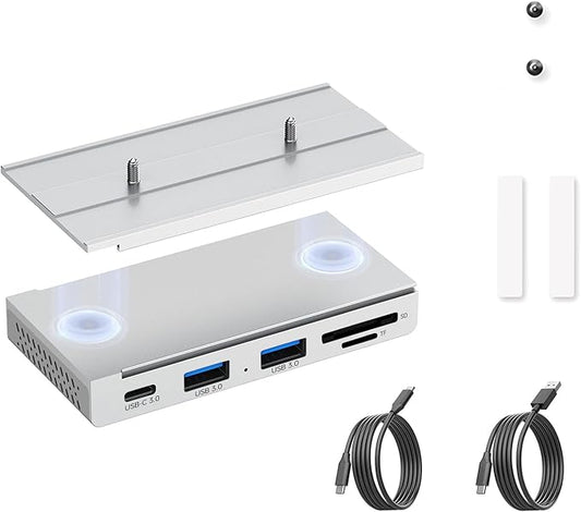 EJAY 5-in-1 Magnetic USB 3.0 Hub with SD/TF Card Reader, 2 USB-A + 1 USB-C Ports, Includes Sliding Rail, Screws & Sticky Pads for MacBook Laptop PC Silver