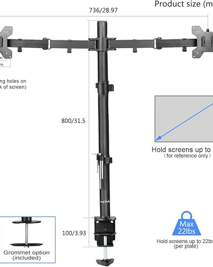 Suptek Dual Monitor Desk Mount, Adjustable Dual Monitor Arm for 2 Computer Screens up to 27 inch, Extra Tall 31.5" Pole Dual Monitor Stand for Desk, Holds up to 22 lbs(MD6842)