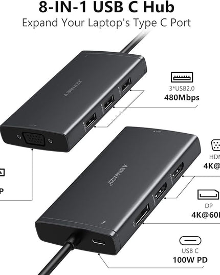 ABIWAZY USB C Docking Station Dual Monitor for HP Dell Lenovo Thinkpad Surface, 8 in 1 Computer Multiple Monitor Hub Adapter to Dual 4K HDMI,DisplayPort,VGA, 00W PD,3 USB for Windows Laptops(Black)