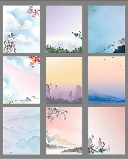 Better Office Products Japanese Watercolor Stationery Paper Set, 100 Piece Set (50 Sheets + 50 Matching Envelopes), Letter Size 8.5 x 11 inch, 9 Designs, Double Sided Printing Paper,