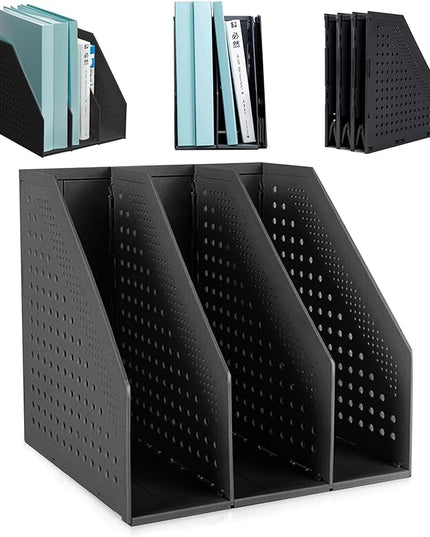 SAYEEC 1Pcs Collapsible Plastic Magazine File Holder Vertical Binder Storage Organizer for Desk Sturdy Upright Desktop Magazine Organizer Folder Rack for Office School Home (3 Compartments, Black)