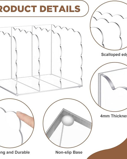 Suzile Scalloped Acrylic Magazine Holder Holder, 3-Compartment 4mm Thick, Clear Desk Organizer Vertical Bookends 8.5 x 7.3 x 6.5 Inches for Office, Documents, Tablets, Magazines, Books