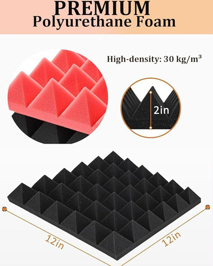 Acoustic Foams Panels 24 Pack 2" x 12"x 12" Sound Proof Foam Panels for Walls High Density and Fire Resistant Soundproofing Panels Soundproof Studio Pyramid Sound Dampening Panels Black Red