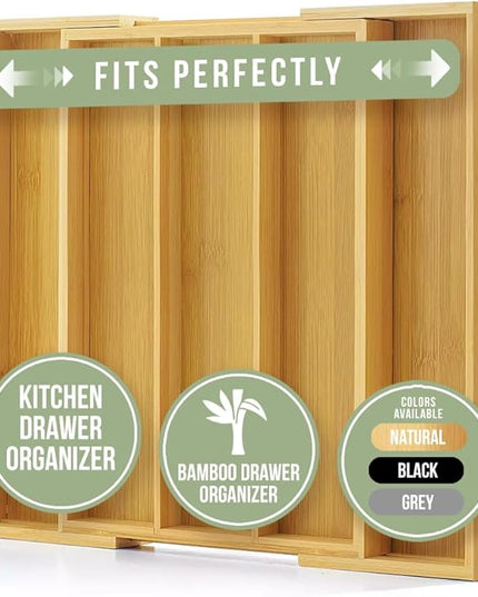 Purawood Kitchen Drawer Organizer - Expandable Utensil Drawer Organizer for Kitchen, Cutlery Tray & Silverware Organizer, 3-5 Slots - Bamboo Organizer for Utensils & Flatware (Natural)