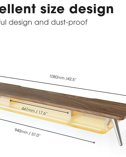 Fenge Dual Monitor Stand, 2 Tiers Acrylic Monitor Riser with LED Lights, 42.5 Inch Wood and Aluminum Desk Shelf with Phone and Tablet Holder