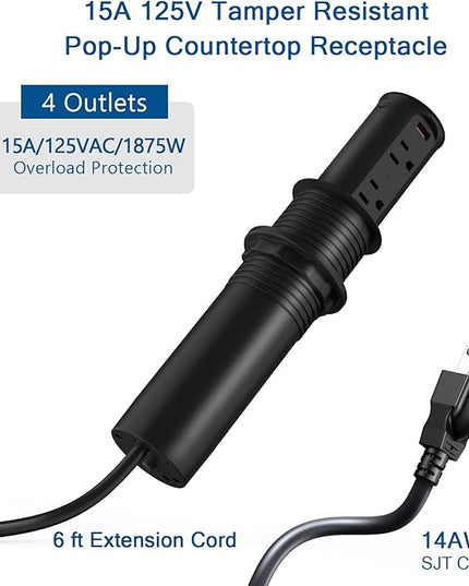 Pop up Outlet for Countertop,65W USB C Fast Charging Port,2.5-inch Hole Desktop Power Grommet,Recessed Power Strip,4 Outlets 4 USB Ports,15Amp Tamper Resistant Receptacle，ETL Listed (Black)