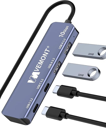 USB C Hub 3.2 10Gbps, VEMONT Aluminum USB 3.2 Hub with 2 USB-C and 2 USB-A Data Ports, Ultra Slim USB 3.2 Gen 2 Hub for MacBook Pro/Air 2022/2021, iPhone 15, iPad Pro, XPS, Surface Pro and More